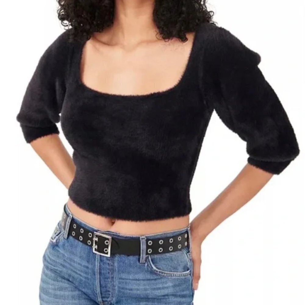 Free People Midnight Black Fuzzy Scoop Neck Sweater